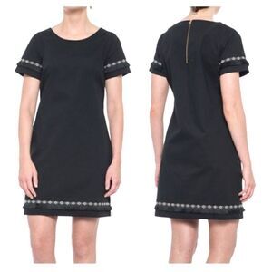 Coercion London black short sleeve boho fringe embroidered shift dress size 10